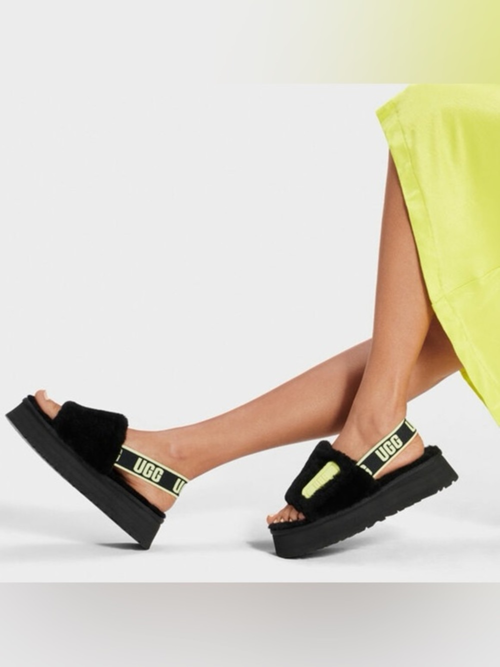 UGG Fluff Yeah Slide Black Neon Yellow Logo Strap Platform Slippers Size 7